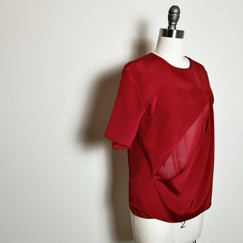 NWT Peter Do Red Sheer Silk Blouse Sheer Panel Short Sleeve Crew Neck XS